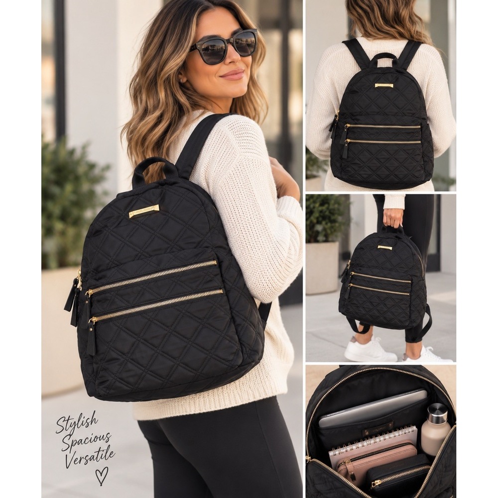 Steve Madden Black Quilted Nylon Backpack Gold Hardware Laptop Sleeve Travel Bag
